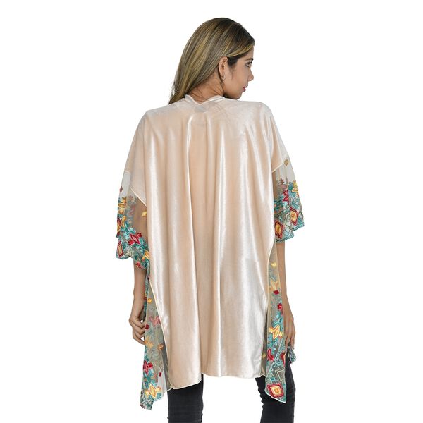 TAMSY - Kimono aus Samt mit Blumenstickerei, Einheitsgr&ouml;&szlig;e Beige image number 2