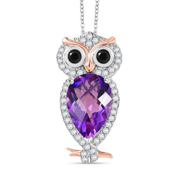 D'Joy AAA Rose De France Amethyst, schwarzer Spinell und Zirkon zweifarbiger Anh&auml;nger mit 50cm Kette - 4 ct.