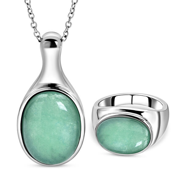 2er-set Gr&uuml;ner Aventurin Ring und Anh&auml;nger mit Kette ca. 50 cm, Edelstahl, ca. 27,00 ct