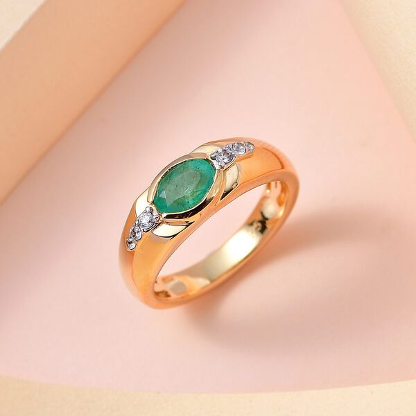 Kolumbianischer Smaragd, wei&szlig;er Zirkon Ring 925 Silber Gelbgold Vermeil (Gr&ouml;&szlig;e 17.00) ca. 0.80 ct image number 1