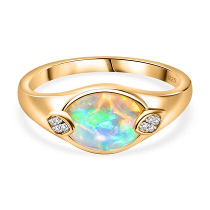 AA Nat&uuml;rlicher, &auml;thiopischer Welo Opal, Wei&szlig;er Zirkon Ring 925 Silber Gelbgold Vermeil (Gr&ouml;&szlig;e 19.00) ca. 1,29 ct
