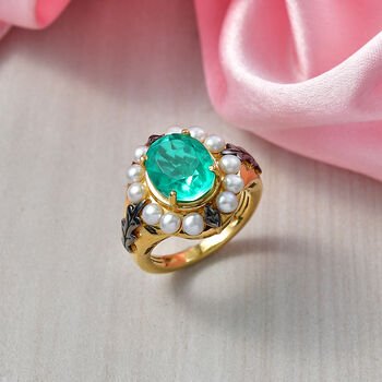 D'Joy Smaragd-Quarz Triplette, S&uuml;&szlig;wasser Perle (3mm) Ring 925 Silber 750 Gelbgold Vermeil (Gr&ouml;&szlig;e 17.00)