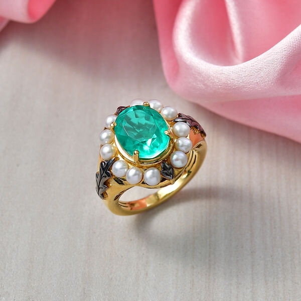 D'Joy Smaragd-Quarz Triplette, S&uuml;&szlig;wasser Perle (3mm) Ring 925 Silber 750 Gelbgold Vermeil (Gr&ouml;&szlig;e 17.00) image number 1