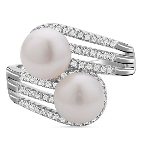 Wei&szlig;e S&uuml;&szlig;wasserzuchtperle, wei&szlig;er Zirkonia Ring, Messing (Gr&ouml;&szlig;e 16.00) ca. 0,48 ct