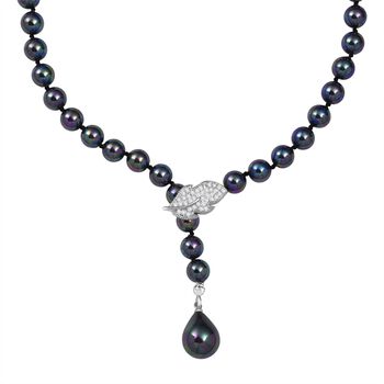 Pfaufarbene 8mm Muschelkernperle und wei&szlig;e Zirkonia 60cm Halskette