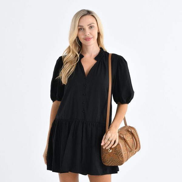 LA MAREY Brokat Crossbody Tasche aus Seide und Echtleder, 30x18x15cm, Braun image number 2