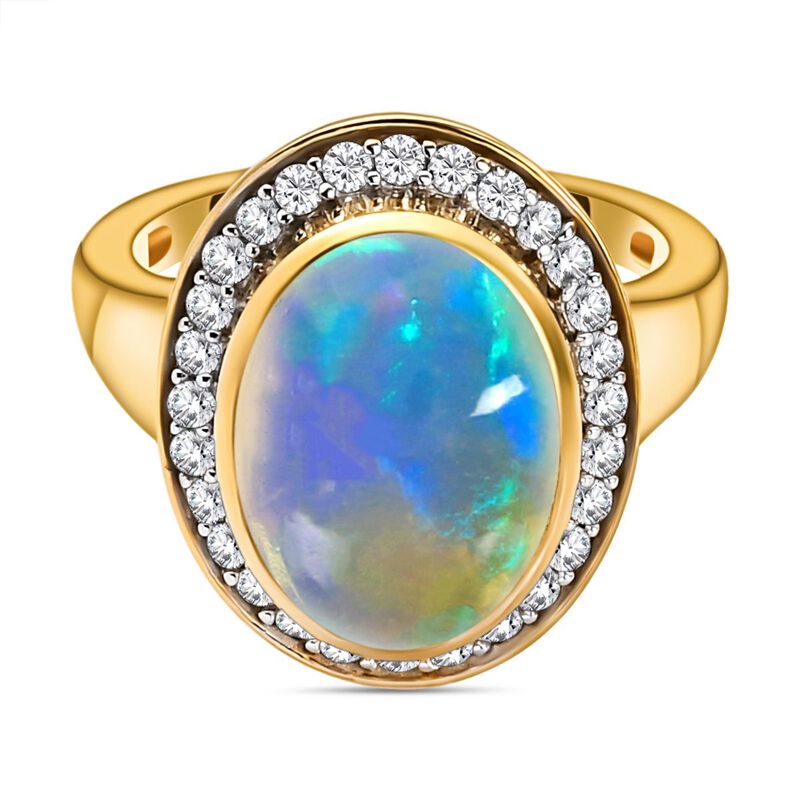 Natürlicher, äthiopischer Welo Opal und weißer Zirkon-Ring, 925 Silber vergoldet (Größe 17.00) ca. 3.71 ct image number 0