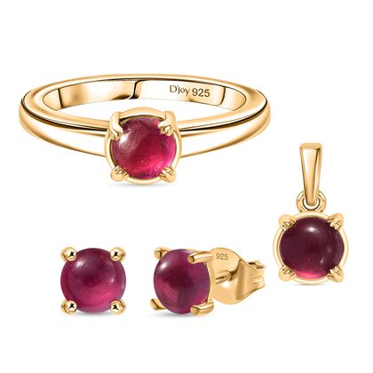 3er Set - D joy Afrikanischer Rubin (Fissure gef&uuml;llt) Ohrringe, Ring und Anh&auml;nger, 925 Silber 750 Gelbgold Vermeil (Gr&ouml;&szlig;e 18.00) ca. 2.80 ct