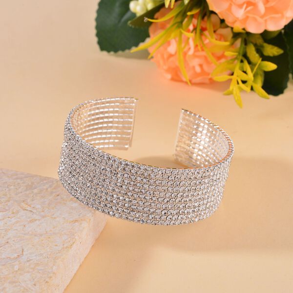 Weißer Kristall, flexibler Armreif, Messing, silberfarben image number 2