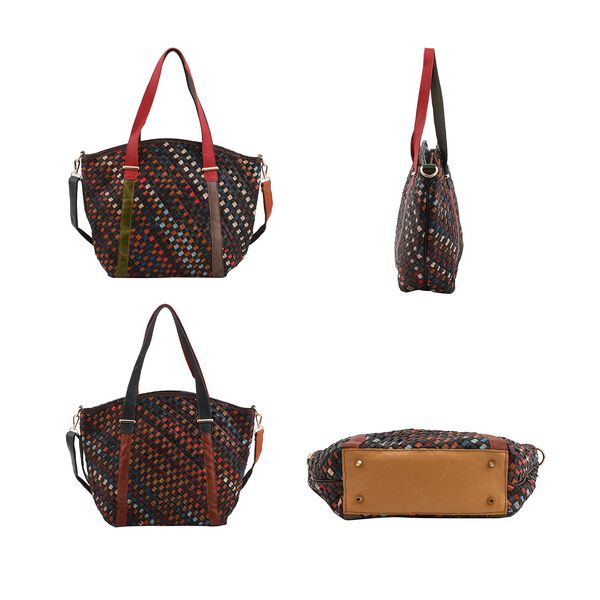 CHAOS BY ELSIE - Umhängetasche aus echtem Leder mit Webmuster, 42x12x32 cm, Karomuster, dunkel image number 4