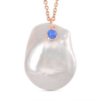 Wei&szlig;e Keshi Perle, Blauer Opal Schmuckset Messing und Edelstahl IP Rosa Plattierung