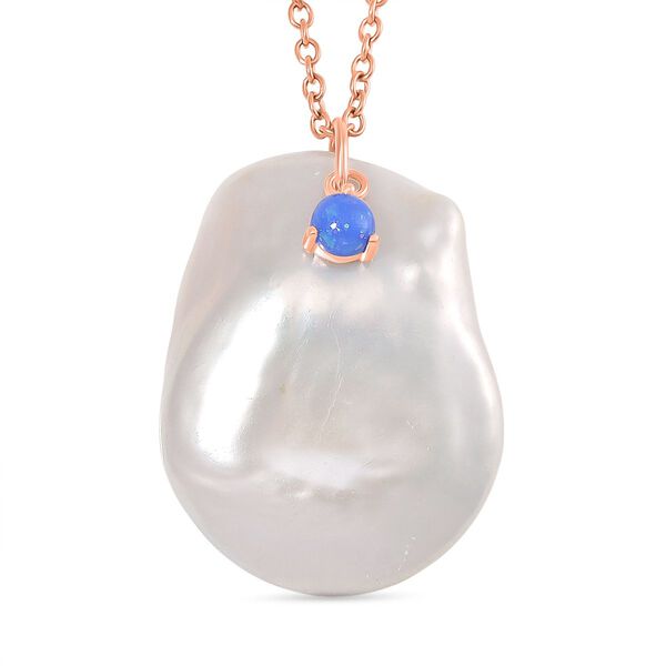 Wei&szlig;e Keshi Perle, Blauer Opal Schmuckset Messing und Edelstahl IP Rosa Plattierung