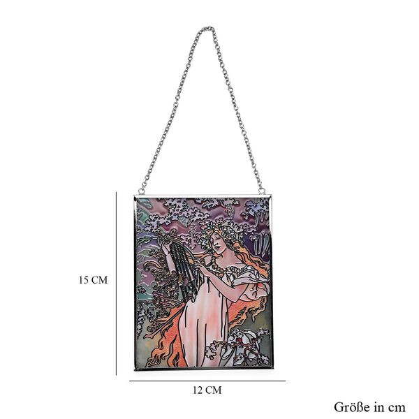 Handbemalter Glas Suncatcaher mit Kette, silberfarbenem Rahmen, Alphonse Mucha Motiv Frühling, 12x15 cm image number 7