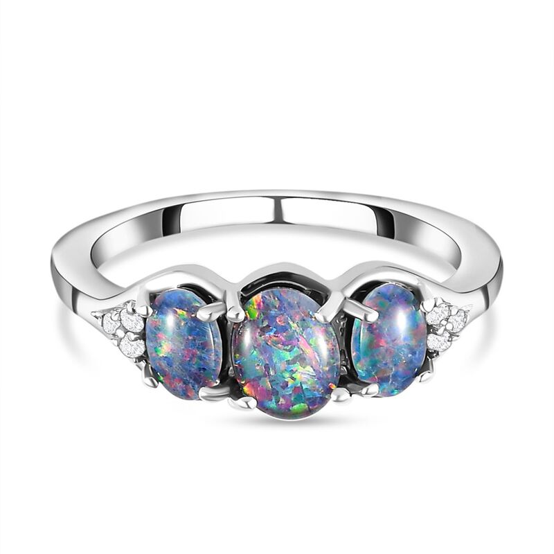 Boulder Opal Triplett und Trilogie-Zirkon Ring, 925 Silber platiniert, 1,53 ct. image number 0