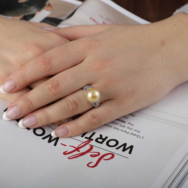 Goldene Südsee Perle und Zirkon Ring 925 Silber Rhodium-Überzug image number 2