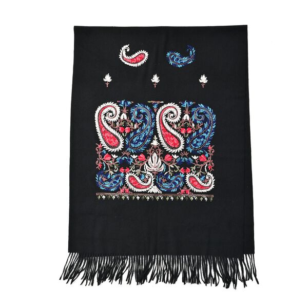 Bestickter Schal mit Paisley Bord&uuml;re, Schwarz