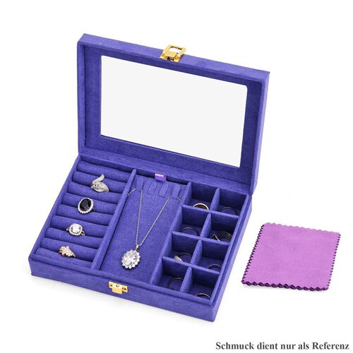 Samt Schmuckbox mit 5 Silberputztüchern, 8 Ringfächer, 8 kleine Fächer, herausnehmbares Kettentablett, Sichtfenster, Metallschloss, 20x15x5?cm, Lila image number 0