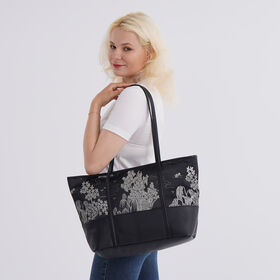 Große Tragetasche mit Blumenmuster, 48×29×14 cm, Schwarz