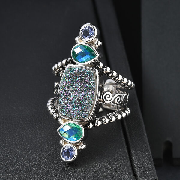 Sajen Silber - Drusy, Pfau Quarz Triplette, Iolit Ring 925 Silber rhodiniert (Größe 18.00) ca. 6.20 ct image number 2
