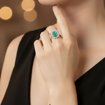 Socoto Smaragd, Wei&szlig;er Zirkon Ring 925 Silber Platiniert (Gr&ouml;&szlig;e 17.00) ca. 1,07 ct