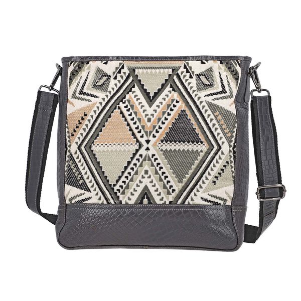 Crossbody Bag mit Krokopr&auml;gung aus echtem Leder und Jacquard mit Laptop-H&uuml;llen, schwarz image number 4