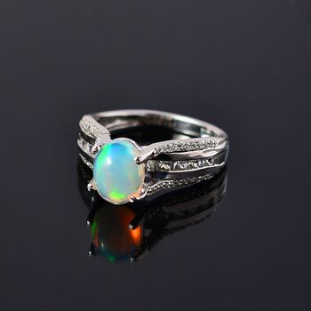 Nat&uuml;rlicher, &auml;thiopischer Welo Opal, Wei&szlig;er Zirkon Ring 925 Silber rhodiniert (Gr&ouml;&szlig;e 17.00) ca. 2.06 ct