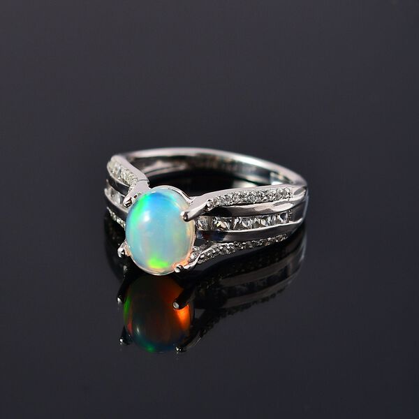 Natürlicher, äthiopischer Welo Opal, Weißer Zirkon Ring 925 Silber rhodiniert (Größe 17.00) ca. 2.06 ct image number 3