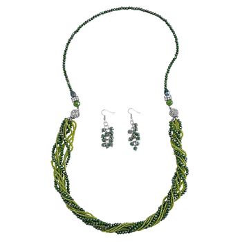 2er Set - Peridot-Farbe Kristall, Wei&szlig;er Kristall Halskette und Ohrringe