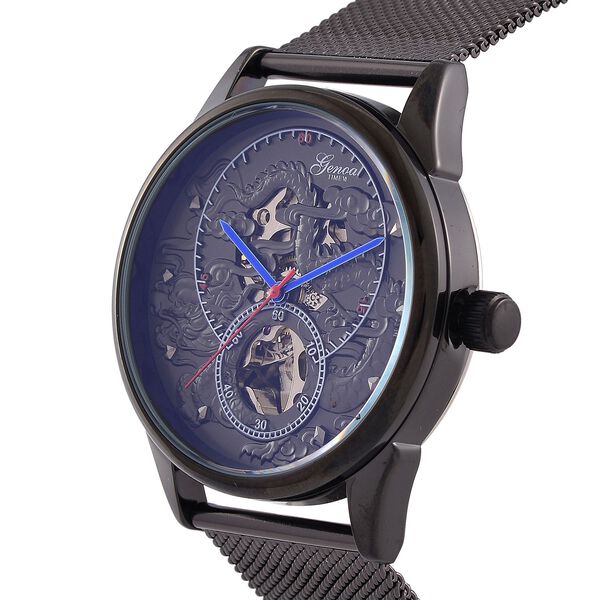 GENOA TIME V2 - Automatische mechanische Uhr mit Drachenmuster und Edelstahl-Mesharmband, 23 cm, schwarz, ca. 89,00g image number 4