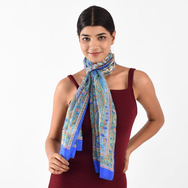 100% satin-Seidenschal, bedruckt mit Kartenmuster, 50x160cm, Blau