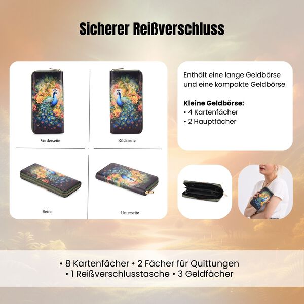 2-teiliges Geldbörsen-Set mit Pfauenmuster, 18x2,5x10 cm und 11x2,5x9 cm image number 4