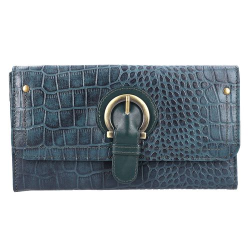 Echtleder Portemonnaie mit Krokoprägung und RFID-Schutz, 19,5x11,45 cm, petrol image number 0