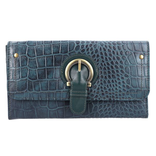 Echtleder Portemonnaie mit Krokoprägung und RFID-Schutz, 19,5x11,45 cm, petrol image number 0