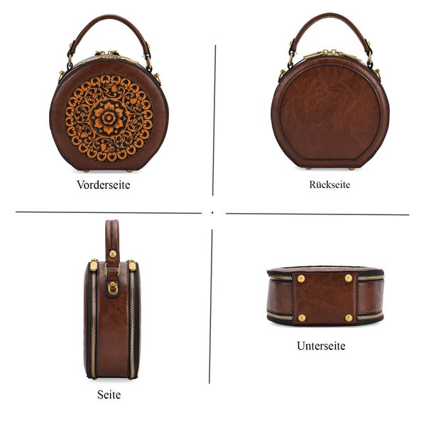 Runde Crossbody-Bag mit Mandala-Prägung, 19x8x18 cm, Braun image number 4