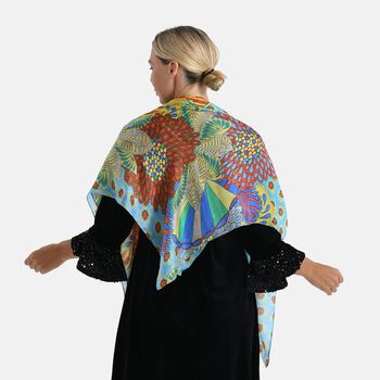 LA MAREY 2er-Set 110x110cm Schal aus 100% Maulbeerseide mit Blumenmuster und Brosch, Blau