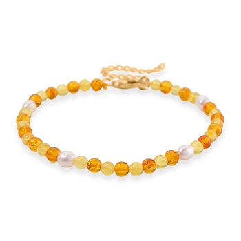 Wei&szlig;es S&uuml;&szlig;wasser Perle und Bernstein Armband, 19+5cm