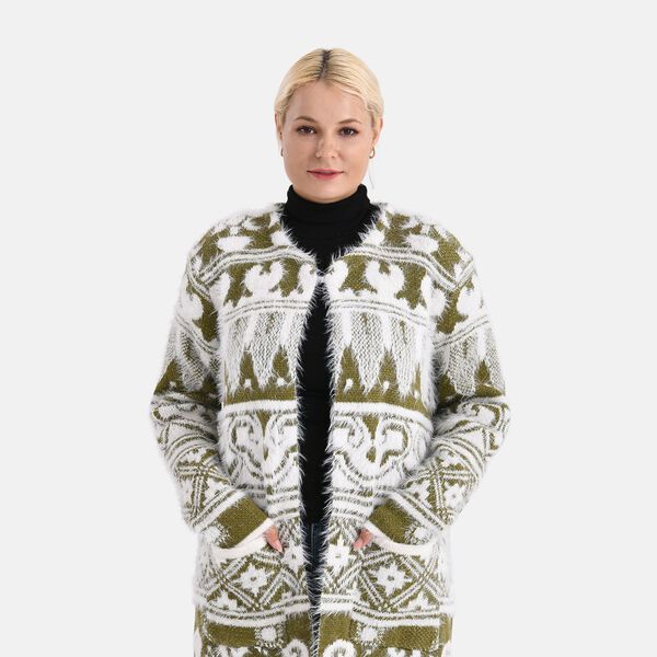 Gemusterter Cardigan mit Taschen, Einheitsgröße, Norweger-Muster, Oliv image number 5