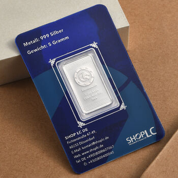 999 Silberbarren mit Pfauenmotiv, 5 Gramm