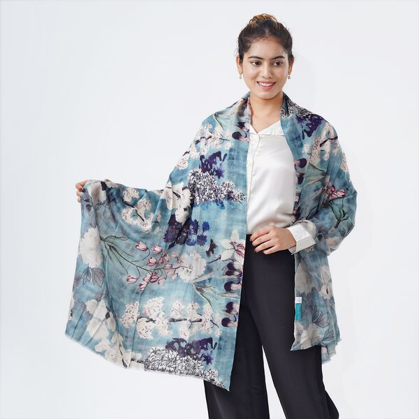 LA MAREY Schal aus 100% Premium-Kaschmir mit Digitaldruck, 70x200cm, graublau gebl&uuml;mt image number 8