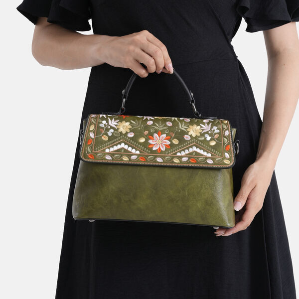 LA MAREY  florale Kunstprint Crossbody Tasche mit gemustertem Schulterriemen, 29x11x21cm, Gr&uuml;n image number 3