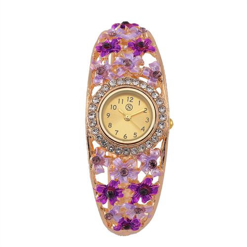 Strada - Elegante Bangle-Uhr mit Gold-Sonne-Zifferblatt, Lila und weiße Kristallen, Japanischem Uhrwerk, Reiner Edelstahl, emailliert image number 0