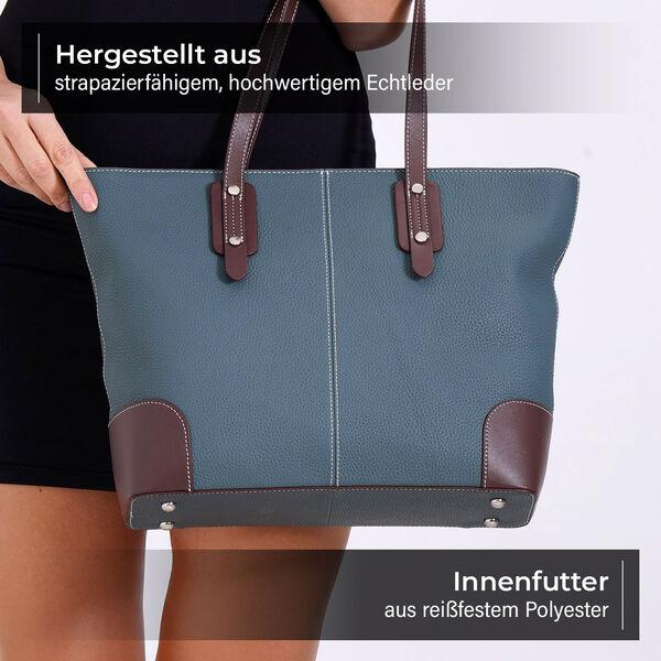 Echtleder Modische, ger&auml;umige Kontrastfarbene Tasche, 33x13x29 cm, Teal image number 3