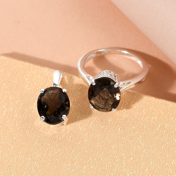 2er-Set, Rauchquarz-Solit&auml;r-Ring und Anh&auml;nger in Silber, 6,78 ct. image number 2