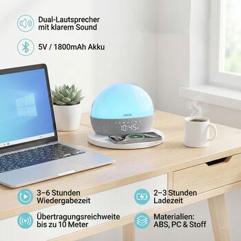 "KP-818 Audio equipment Features: Bluetooth, LED ambient lighting, 24 groups of white noise, light wake-up, sunset 30/60/90, clock, alarm clock, FM, USB, TF Wireless charging: 15W Playing time: 3-6 h Charging time: 2-3 hours Transmission range: 10 meters