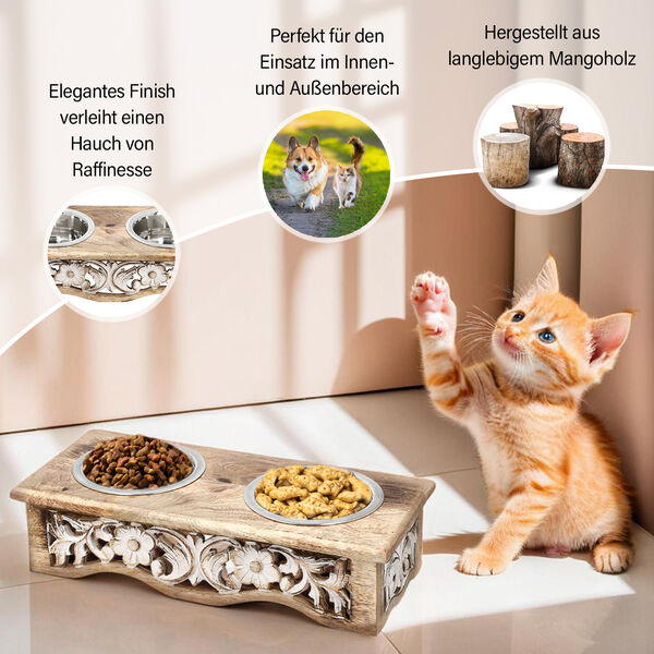NAKKASHI handgeschnitzter Futternapf aus Mangoholz mit Edelstahl-Sch&uuml;sseln, hellbraun image number 2