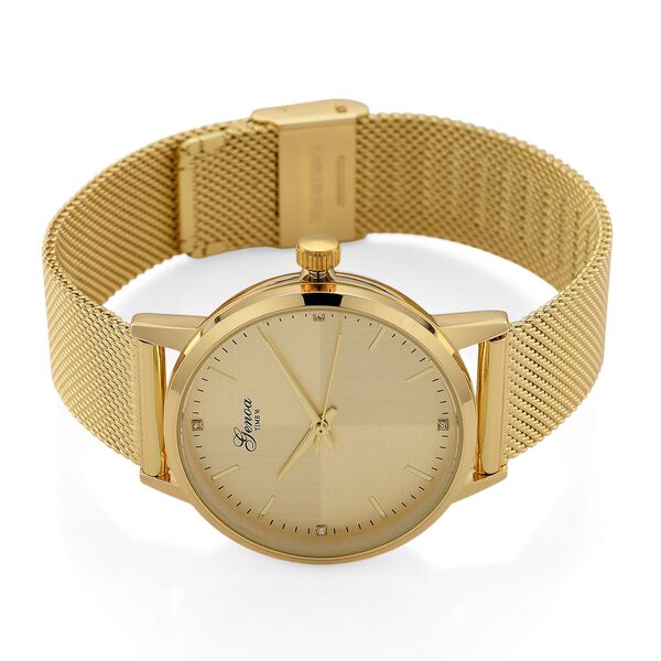 GENOA TIME - V2 Automatik Armbanduhr, Geh&auml;use 316 Edelstahl Sonnenschein Zifferblatt mit wei&szlig;em Diamant Edelstahl Mesharmband goldfarben image number 5