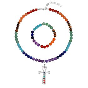 2er Set - Kreuz Anhänger Set mit Regenbogen Edelsteinperlen Halskette und Armband