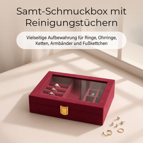 Samt Schmuckbox mit 5 Silberputztüchern, 20x15x5cm, Bordeaux image number 2