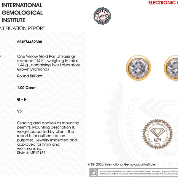 LUXURIANT IGI zertifizierte VS-GH Labor Diamant Ohrstecker in 585 Gelbgold - 1 ct. image number 6
