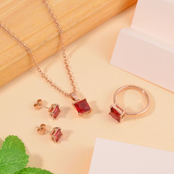 3er Set - Roter Zirkonia Ring, Anh&auml;nger und Ohrringe Schmuckset (Gr&ouml;&szlig;e 16.00), Reiner Edelstahl, rosevergoldet image number 2